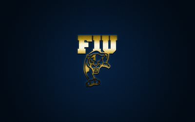 FIU Panteras logotipo, Americano futebol clube, NCAA, amarelo logotipo, azul de fibra de carbono de fundo, Futebol americano, Miami, Fl&#243;rida, EUA, FIU Panteras
