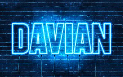 Davian, 4k, sfondi per il desktop con i nomi, il testo orizzontale, Davian nome, Felice Compleanno Davian, neon blu, immagine con nome Davian
