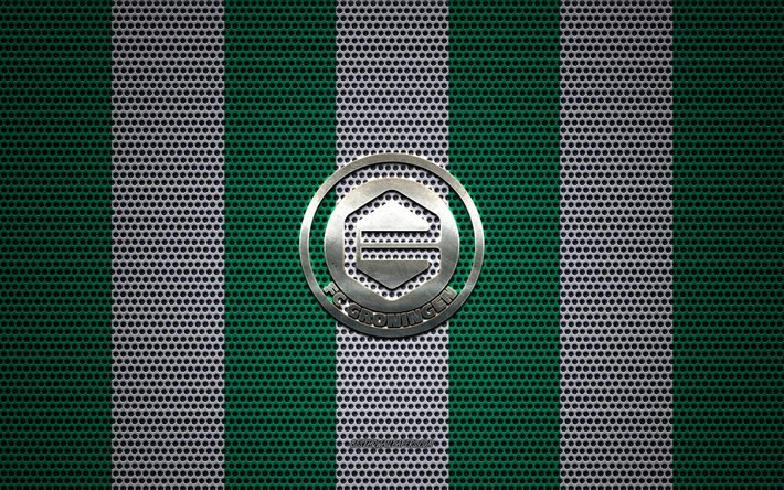 FC Groningen logo, Dutch football club, metal emblem, green white metal mesh background, FC Groningen, Eredivisie, Groningen, Netherlands, football