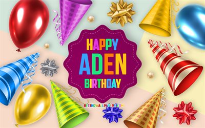 Happy Birthday Aden, 4k, Birthday Balloon Background, Aden, creative art, Happy Aden birthday, silk bows, Aden Birthday, Birthday Party Background