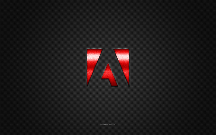 Adobe logo, red shiny logo, Adobe metal emblem, gray carbon fiber texture, Adobe, brands, creative art, Adobe emblem