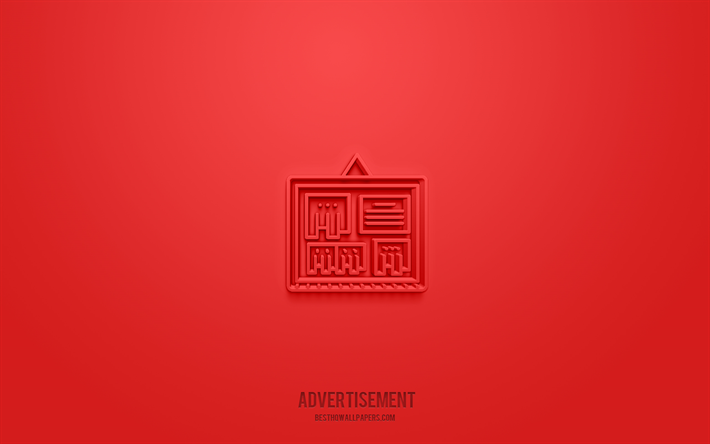 reklam 3d simgesi, kırmızı arka plan, 3d semboller, reklam, iş simgeleri, 3d simgeler, reklam işareti, iş 3d simgeler