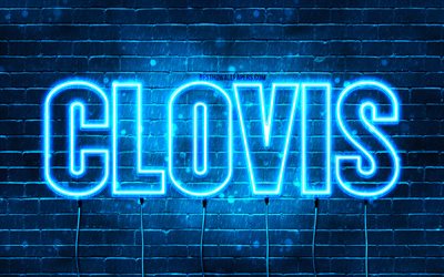 joyeux anniversaire clovis, 4k, n&#233;ons bleus, nom de clovis, cr&#233;atif, joyeux anniversaire de clovis, anniversaire de clovis, noms masculins fran&#231;ais populaires, photo avec le nom de clovis, clovis