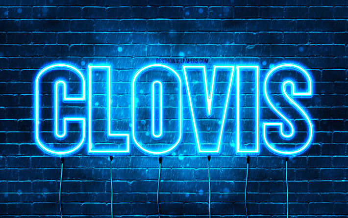 Happy Birthday Clovis, 4k, blue neon lights, Clovis name, creative, Clovis Happy Birthday, Clovis Birthday, popular french male names, picture with Clovis name, Clovis