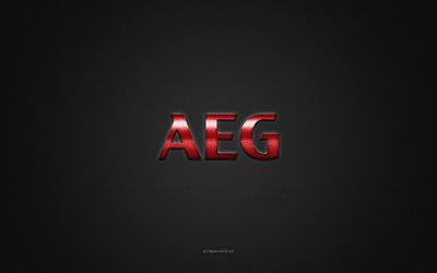 aeg-logo, punainen kiilt&#228;v&#228; logo, aeg-metallitunnus, harmaa hiilikuiturakenne, aeg, tuotemerkit, luova taide, aeg-tunnus