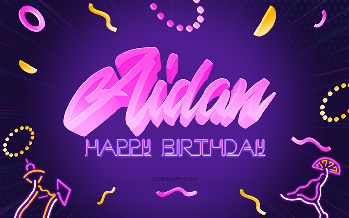 buon compleanno aidan, 4k, sfondo festa viola, aidan, arte creativa, nome aidan, compleanno aidan, sfondo festa di compleanno