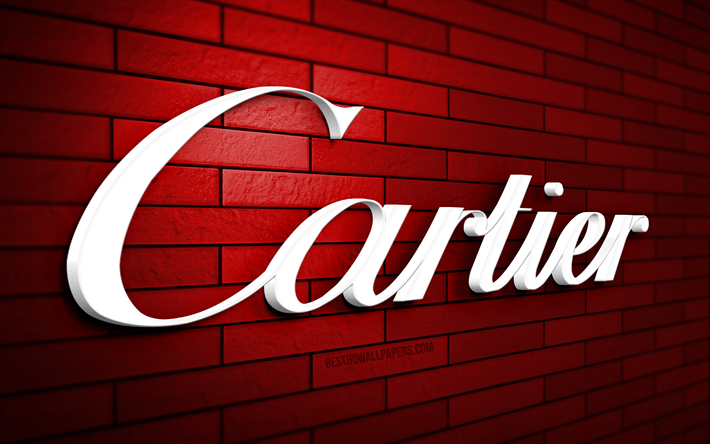 cartier 3d logosu, 4k, kırmızı brickwall, yaratıcı, markalar, cartier logosu, 3d sanat, cartier