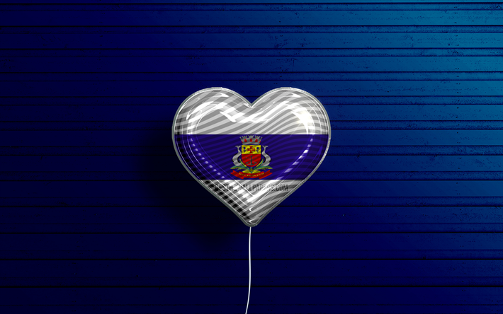 I Love Caraguatatuba, 4k, realistic balloons, blue wooden background, Day of Caraguatatuba, brazilian cities, flag of Caraguatatuba, Brazil, balloon with flag, cities of Brazil, Caraguatatuba flag, Caraguatatuba