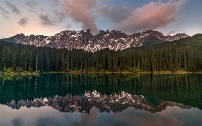 Alps, evening, mountain landscape, mountain lake, forest, mountains, Italy