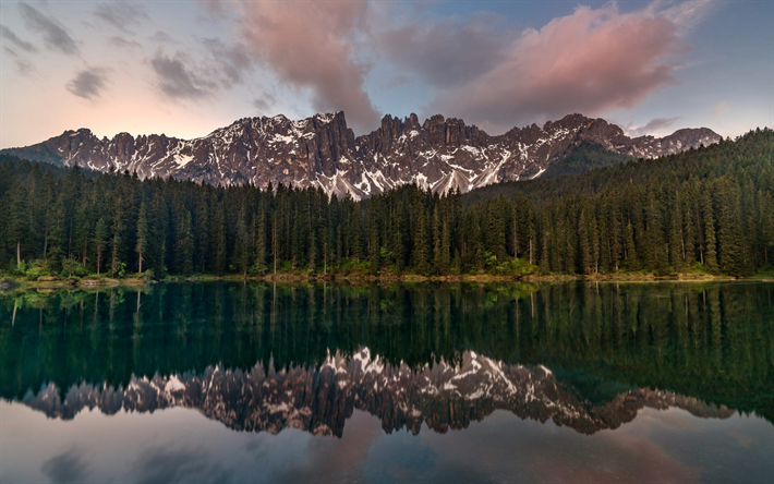 alperna, kv&#228;ll, bergslandskap, bergssj&#246;, skog, berg, italien