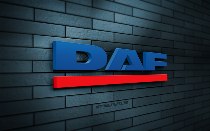 DAF 3D logo, 4K, blue brickwall, creative, cars brands, DAF logo, 3D art, DAF