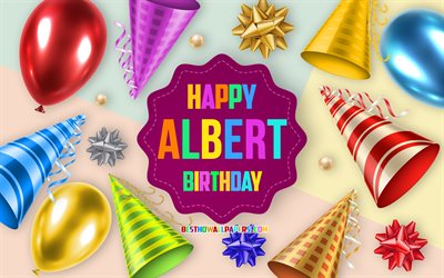 Happy Birthday Albert, 4k, Birthday Balloon Background, Albert, creative art, Happy Albert birthday, silk bows, Albert Birthday, Birthday Party Background