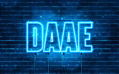 feliz cumplea&#241;os daae, 4k, luces de ne&#243;n azules, nombre daae, creativo, cumplea&#241;os daae, nombres masculinos franceses populares, imagen con nombre daae, daae