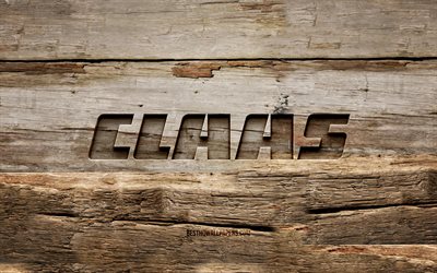 Claas wooden logo, 4K, wooden backgrounds, brands, Claas logo, creative, wood carving, Claas