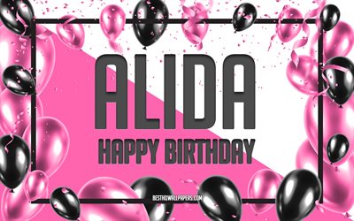 Happy Birthday Alida, Birthday Balloons Background, Alida, wallpapers with names, Alida Happy Birthday, Pink Balloons Birthday Background, greeting card, Alida Birthday