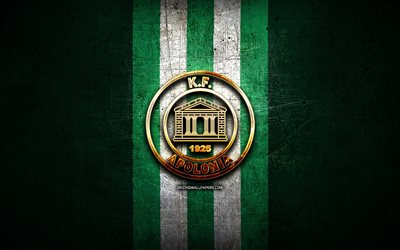 Apolonia Fier FC, golden logo, Kategoria Superiore, green metal background, football, Albanian football club, FK Apolonia Fier logo, soccer, FK Apolonia Fier, KF Apolonia Fier