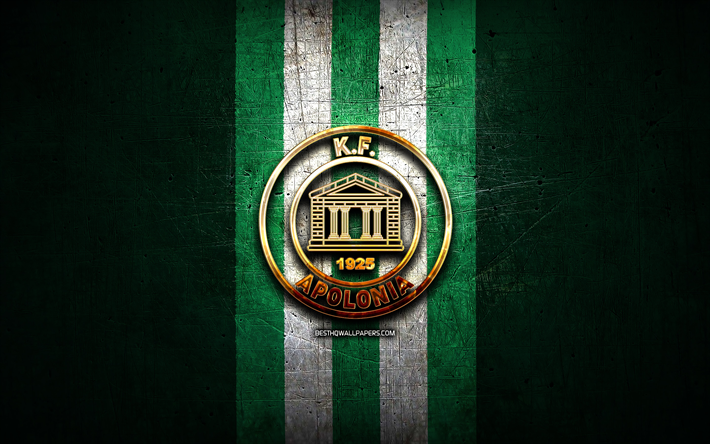 Apolonia Fier FC, golden logo, Kategoria Superiore, green metal background, football, Albanian football club, FK Apolonia Fier logo, soccer, FK Apolonia Fier, KF Apolonia Fier