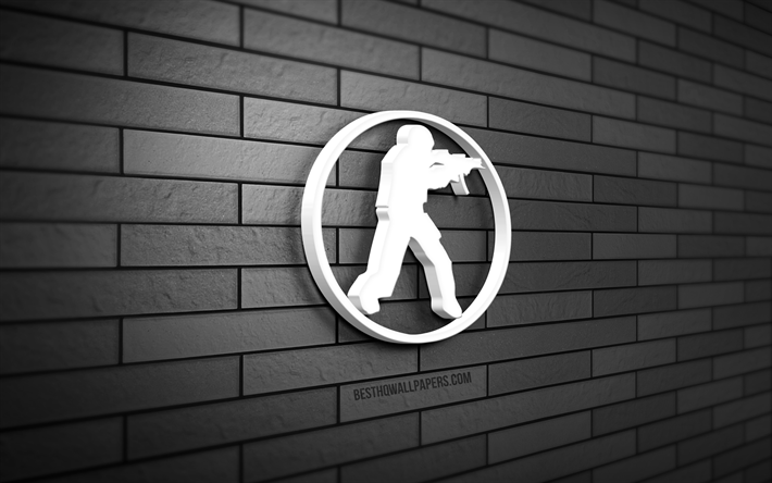 counter-strike 3d logo, 4k, grey brickwall, creative, juegos de marcas, counter-strike logo, 3d art, counter-strike