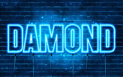 Happy Birthday Damond, 4k, blue neon lights, Damond name, creative, Damond Happy Birthday, Damond Birthday, popular french male names, picture with Damond name, Damond