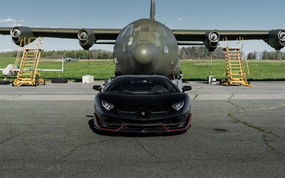 Lamborghini Aventador, LP770-4, Boeing C-17 Globemaster III, black supercar, black Aventador, British cars, Lamborghini