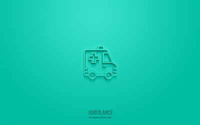 ambulans 3d simgesi, turkuaz arka plan, 3d semboller, ambulans, tıp simgeleri, 3d simgeler, ambulans işareti, tıp 3d simgeler