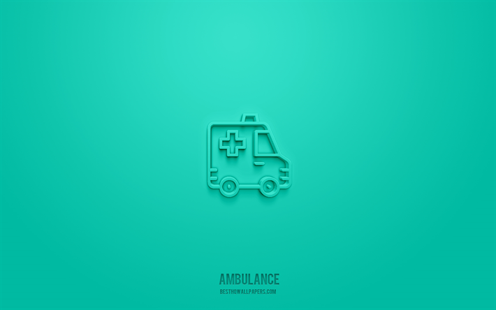 Ambulance 3d icon, turquoise background, 3d symbols, Ambulance, medicine icons, 3d icons, Ambulance sign, medicine 3d icons