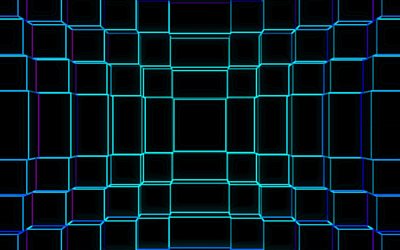 blaues neongitter, blaues leuchtgitter, blauer gitterhintergrund, 3d-gitterhintergrund, blaue abstraktion, kreativer neonhintergrund
