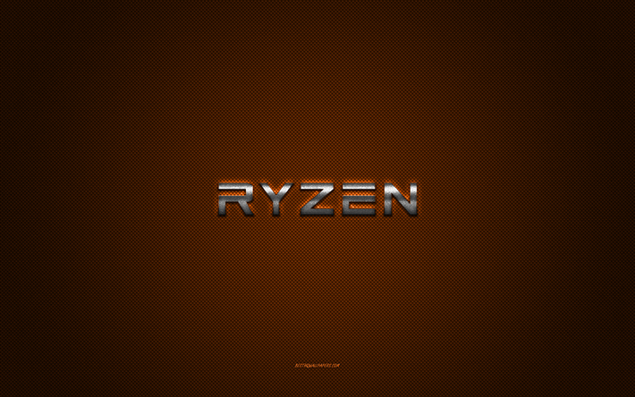 AMD Ryzen logo, silver shiny logo, AMD Ryzen metal emblem, Ryzen, orange carbon fiber texture, AMD Ryzen, brands, creative art, AMD Ryzen emblem, Ryzen logo