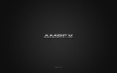 ampex-logo, hopean kiilt&#228;v&#228; logo, ampex-metallitunnus, harmaa hiilikuiturakenne, ampex, tuotemerkit, luova taide, ampex-tunnus
