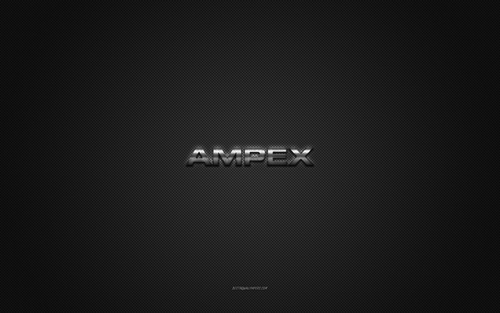 ampex-logo, silbergl&#228;nzendes logo, ampex-metallemblem, graue kohlefaserstruktur, ampex, marken, kreative kunst, ampex-emblem