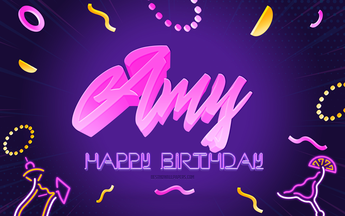 お誕生日おめでとうエイミー, chk, 紫のパーティーの背景, エイミー, クリエイティブアート, エイミーお誕生日おめでとう, エイミーの名前, エイミーの誕生日, 誕生日パーティーの背景