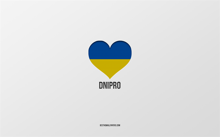 amo dnipro, citt&#224; ucraine, day of dnipro, sfondo grigio, dnipro, ucraina, cuore della bandiera ucraina, citt&#224; preferite, love dnipro