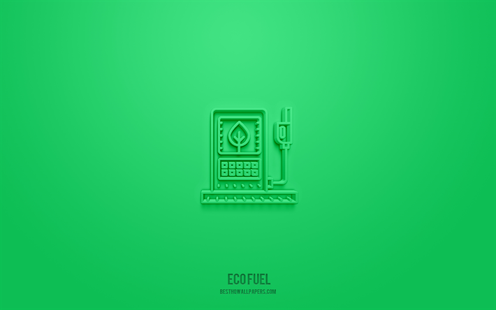 エコ燃料3dアイコン, 緑の背景, 3dシンボル, エコ燃料, エコロジーアイコン, 3dアイコン, エコ燃料サイン, エコロジー3dアイコン