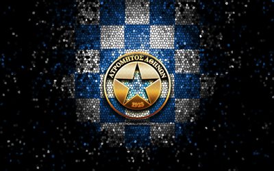 atromitos fc, logo glitter, super league grecia, sfondo a scacchi bianco blu, calcio, squadra di calcio greca, logo atromitos, arte del mosaico, fc atromitos