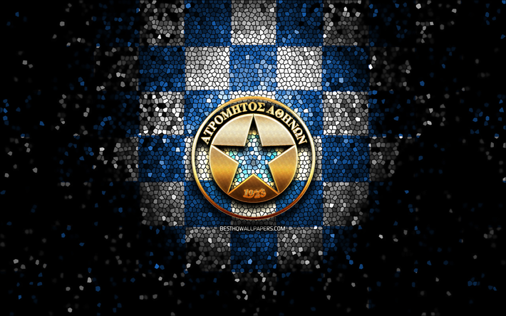 atromitos fc, glitter logotipo, super league gr&#233;cia, azul branco de fundo quadriculado, futebol, grego futebol clube, atromitos logotipo, arte em mosaico, fc atromitos