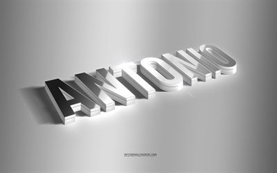 انطونيو, فن 3d الفضة, خلفية رمادية, خلفيات بأسماء, اسم انطونيو, أنطونيو بطاقة معايدة, فن ثلاثي الأبعاد, صورة باسم انطونيو