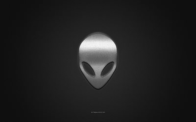 logotipo de alienware, logotipo plateado brillante, emblema de metal de alienware, textura de fibra de carbono gris, alienware, marcas, arte creativo, emblema de alienware