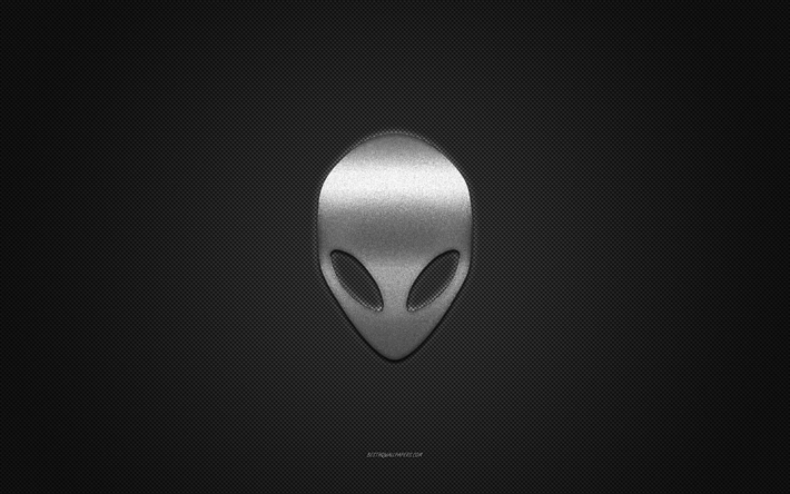 logotipo de alienware, logotipo plateado brillante, emblema de metal de alienware, textura de fibra de carbono gris, alienware, marcas, arte creativo, emblema de alienware