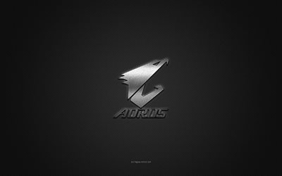 Aorus logo, silver shiny logo, Aorus metal emblem, gray carbon fiber texture, Aorus, brands, creative art, Aorus emblem