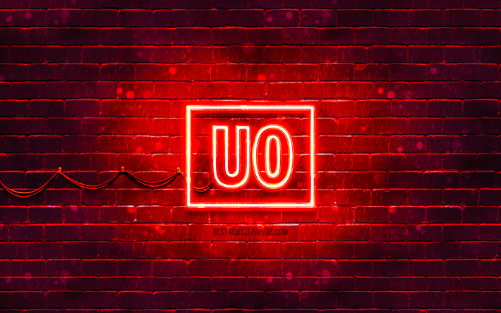 logotipo rojo de urban outfitters, 4k, pared de ladrillo rojo, logotipo de urban outfitters, marcas, logotipo de ne&#243;n de urban outfitters, urban outfitters