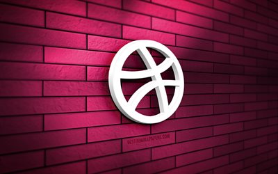 logo dribbble 3d, 4k, brickwall violet, cr&#233;atif, r&#233;seaux sociaux, logo dribbble, art 3d, dribbble