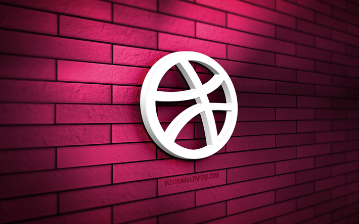 logotipo de dribbble 3d, 4k, pared de ladrillo p&#250;rpura, creativo, redes sociales, logotipo de dribbble, arte 3d, dribbble