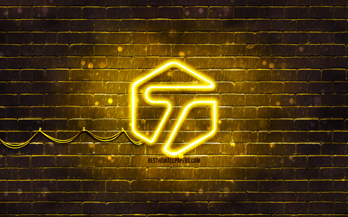 tagged keltainen logo, 4k, keltainen tiilisein&#228;, tagged logo, tuotemerkit, tagged neon logo, tagged