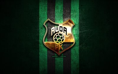 auda fc, gyllene logotyp, lettiska h&#246;gre ligan, gr&#246;n metallbakgrund, fotboll, lettisk fotbollsklubb, auda fc logotyp, fk auda