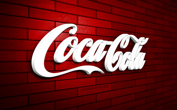 logo coca-cola 3d, 4k, muro di mattoni rossi, creativit&#224;, marchi, logo coca-cola, arte 3d, coca-cola