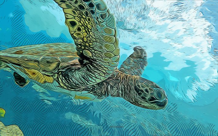 turtle, 4k, vector art, turtle drawing, creative art, turtle art, vector drawing, abstract animals, underwater world