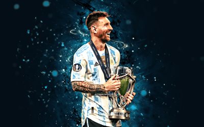 Lionel Messi with cup, 4k, 2022, Argentina national football team, Leo Messi, blue neon lights, Lionel Messi, football stars, soccer, Messi, Argentine National Team, Lionel Messi 4K