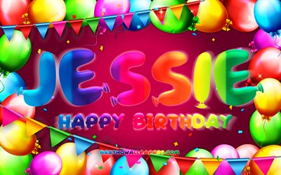 Buon compleanno Jessie, 4k, cornice palloncino colorato, nome Jessie, sfondo viola, Jessie Buon compleanno, Jessie Compleanno, nomi femminili americani popolari, Concetto di compleanno, Jessie