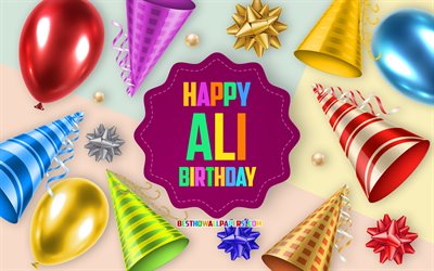 Happy Birthday Ali, 4k, Birthday Balloon Background, Ali, creative art, Happy Ali birthday, silk bows, Ali Birthday, Birthday Party Background