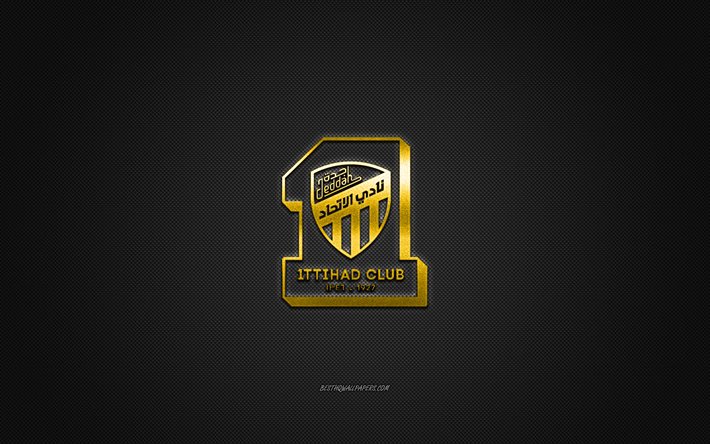 Al-Ittihad Club, Saudi football club, SPL, yellow logo, black carbon fiber background, Saudi Professional League, football, Jeddah, Saudi Arabia, Al-Ittihad Club logo